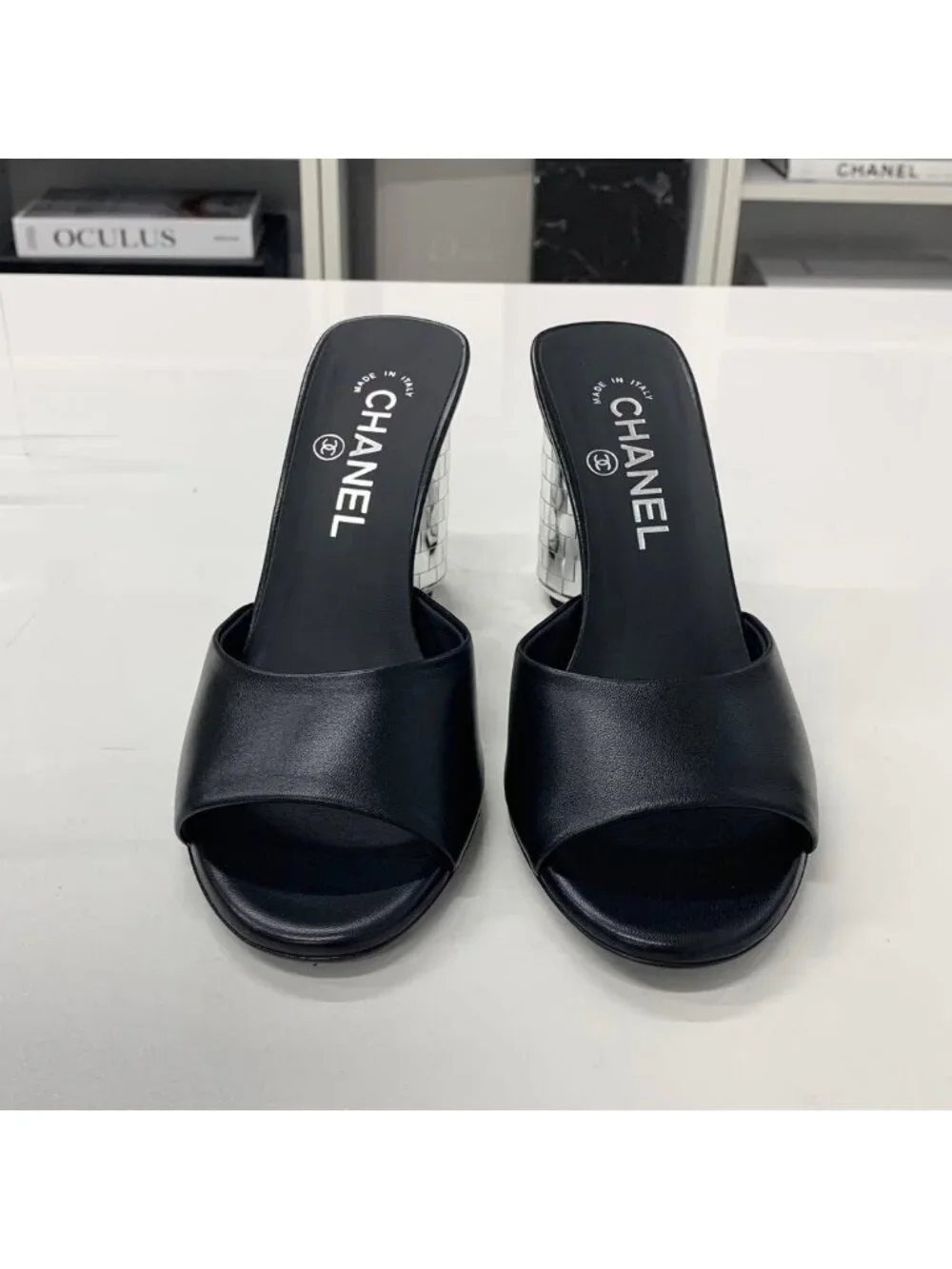 Chanel CC Logo Leather Mirror Heel Sandals Black - Picture 4 of 10